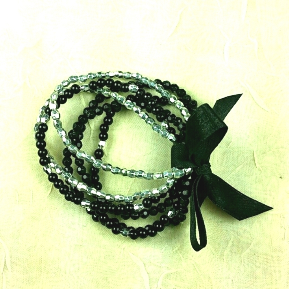 Vintage Black Silver Beaded Stretch Bracelet Multi-Strand Layered Stacked Boho